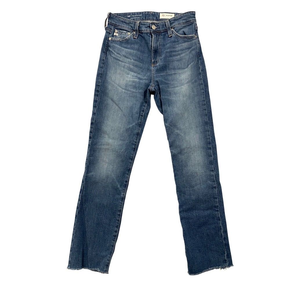 AG Adriano Goldschmied Mari High Rise Slim Straight Jeans Blue Denim Raw Hem
25